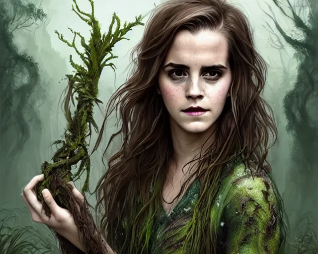 Prompt: mindblowing portrait of emma watson as a swamp witch, green colored skin!!, holding caduceus, messy hair, deep focus, d & d, fantasy, intricate, elegant, highly detailed, digital painting, artstation, concept art, matte, sharp, illustration, hearthstone, art by artgerm and greg rutkowski and alphonse mucha