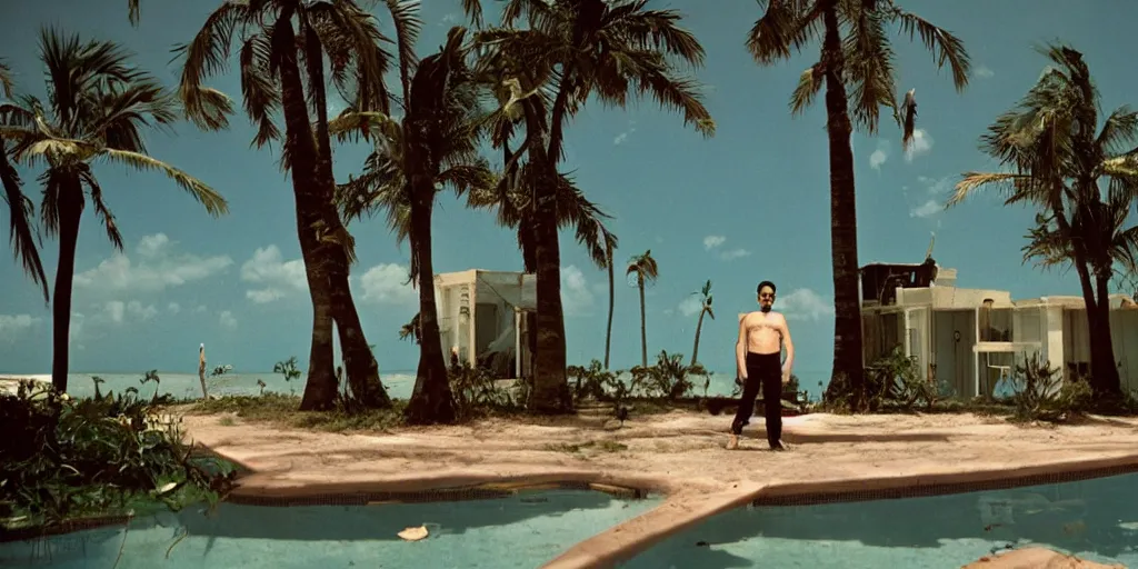 Image similar to wide shot of John Turturro standing in a surreal defunct florida keys abandoned resort with palm trees around a pool, a surreal vaporwave liminal space, 1970s thriller, color kodak Kubrick film, anamorphic lenses