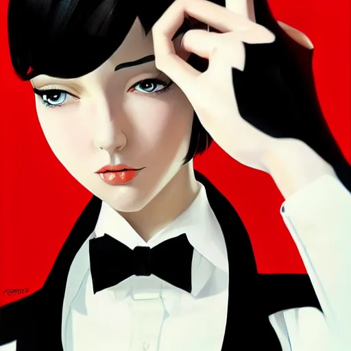 Image similar to slim girl in tuxedo with short black hair, elegant, 2d, ultra highly detailed, digital painting, smooth, sharp focus, artstation, art by Ilya Kuvshinov