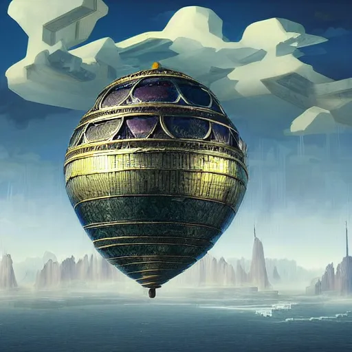 Image similar to enormous flying city in a faberge egg, sky, steampunk, fantasy art, masterpiece, hugh ferriss, unreal engine, peder balke, clouds background