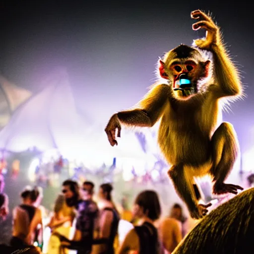 Image similar to A monkey at ozora festival by night