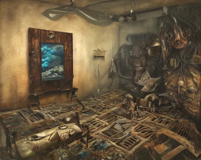 Prompt: a painting of a confusing room filled with unusual artifacts, an airbrush painting by breyten breytenbach, cgsociety!, neo - primitivism, dystopian art,! apocalypse landscape!!