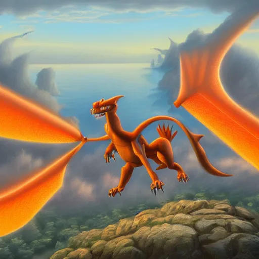 Image similar to a ultra detailed matte painting of a charizard, by Rafal Olbinski, trending on ArtStation,