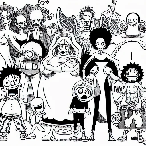 Image similar to marge simpson and her new family from one piece drawn by kentaro miura