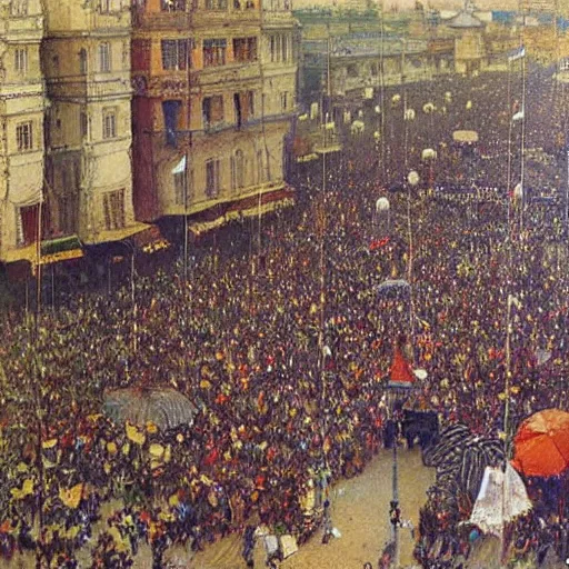 Prompt: dagomey officials with flat colorful umbrellas watching parade in ahomey's huge main square, from above, 1905, highly detailed, oil on canvas, by ilya repin