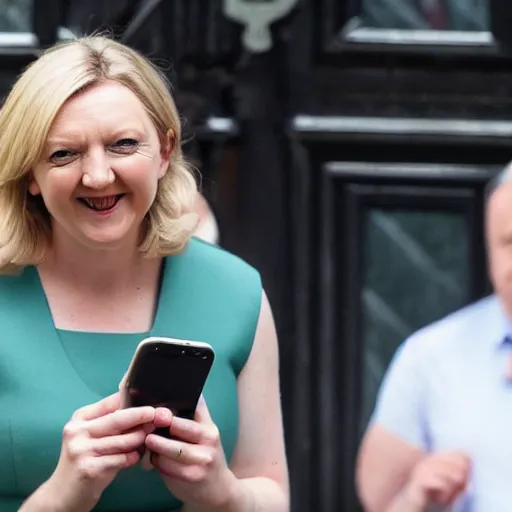 Prompt: liz truss using pork sausage as a phone