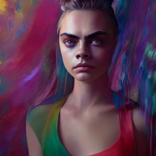 Image similar to cara delevingne, full body portrait colorful oil painting by android jones, john jean, yuumei, yanjun cheng, unreal 5, daz, hyperrealistic, octane render, rpg portrait, dynamic lighting, fantasy art, beautiful face