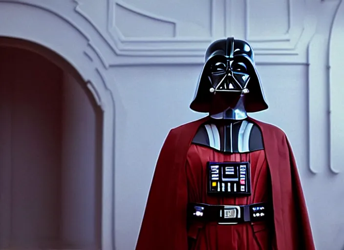 Prompt: a film still of cosplay of darth vader in the grand budapest hotel ( 2 0 1 4 )