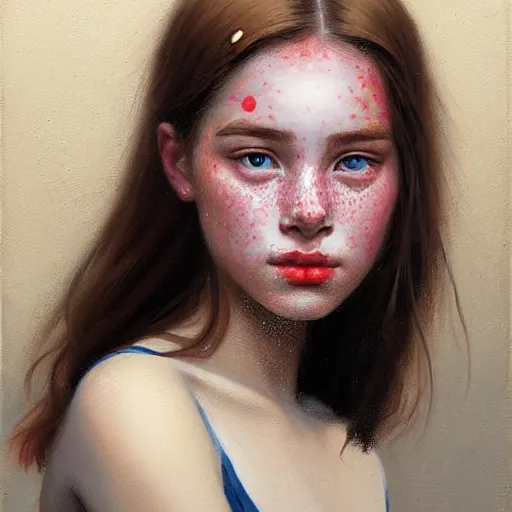 Image similar to Facial portrait of a pretty young girl, looking at the camera, slight awkward smile, lips slightly parted, some light freckles, no hands visible, extremely detailed painting by Greg Rutkowski and by Steve Henderson and by Harumi Hironaka