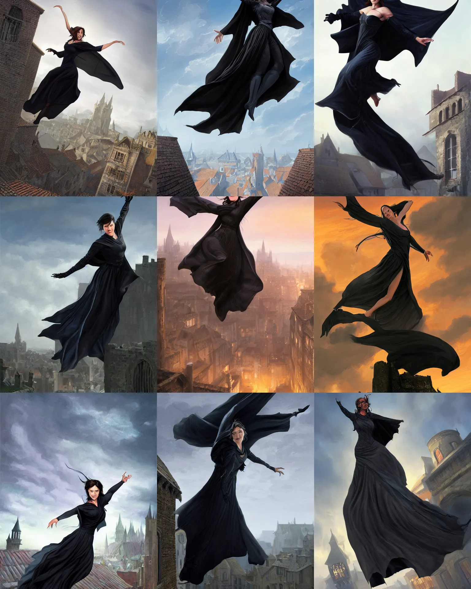 Prompt: illustration of lady vin portrait from mistborn jumping from top of a house waving the cape with long strips of fabric, wearing black tight clothing and cape, medieval town landscape, trending on artstation by ted nasmith