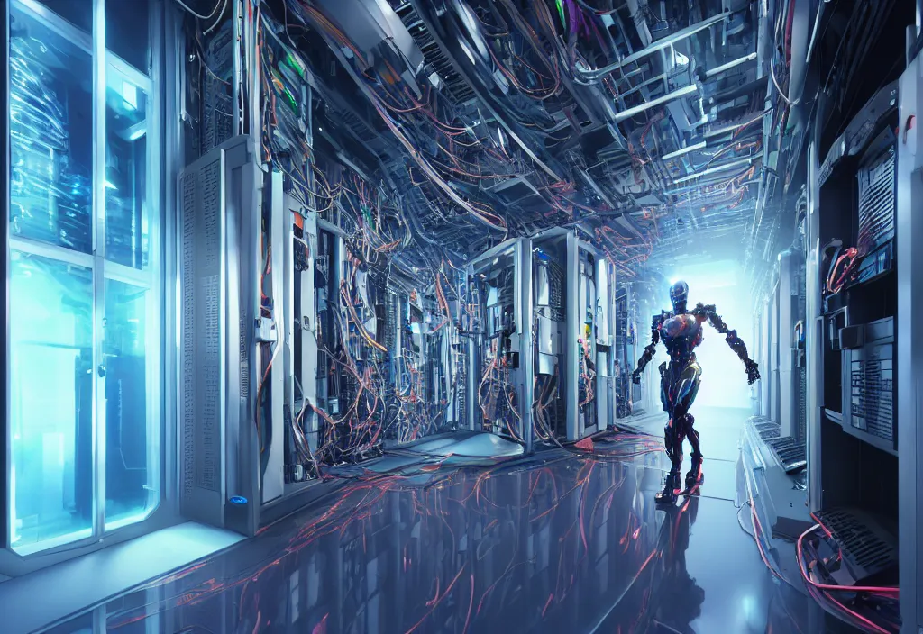 Image similar to shot of film cyborg walking in detailed server room in data center, character design, great composition perspective, vivid color, complementary color, detailed, sharp lines, trending on artstation, volumetric lighting, dramatic lighting by yoichi hatakenaka, cyberpunk art by asher brown durand