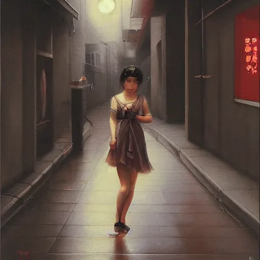 Prompt: painting of a young japanese girl in a dark, gloomy deserted city street highly detailed, dramatic lighting, intense shadows, rich deep colours, by luis ricardo falero