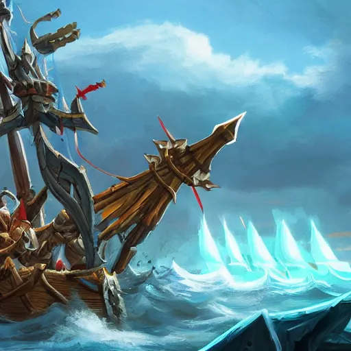 Image similar to arcane style viking battleship, viking cannons, viking spears and axes. spear and axes, blue sea waves background, bright art masterpiece artstation. 8 k, sharp high quality artwork, concept art by tooth wu, blizzard warcraft artwork, hearthstone card artwork