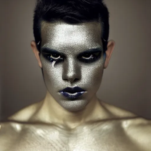 Image similar to a close up portrait of a beautiful athletic young persian male with his face covered in silver leaf , photographed by erwin olaf, artistic