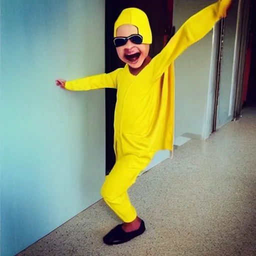 Prompt: “young doctor wearing a banana suit, superhero pose, big smile”