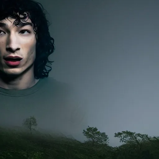 Image similar to terrifying ezra miller as flash forest scenery, full moon, illuminated lighting, highly detailed, 4 k