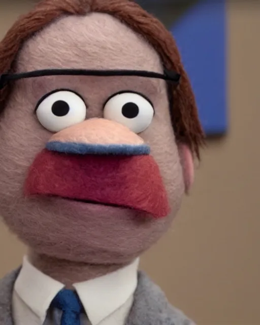 Image similar to film still from the office, dwight schrute as a muppet. highly detailed felt. hyper real photo. 4 k.