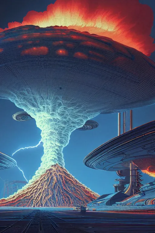 Image similar to a hyper - detailed 3 d render by kilian eng and toshi yoshida and franklin booth showing a futuristic powerstation!! in front of a ( ( exploding volcano ) ), vintage scifi, high details, dramatic lightning,, 8 k