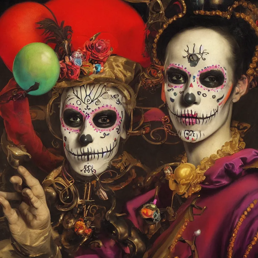 Prompt: a baroque neoclassicist close - up portrait of a colorful retrofuturistic jester wearing day of the dead makeup, glowing circus tent and fog in the background. renaissance portrait painting. highly detailed science fiction painting by norman rockwell, frank frazetta, and syd mead. rich colors, high contrast, gloomy atmosphere, dark background. trending on artstation