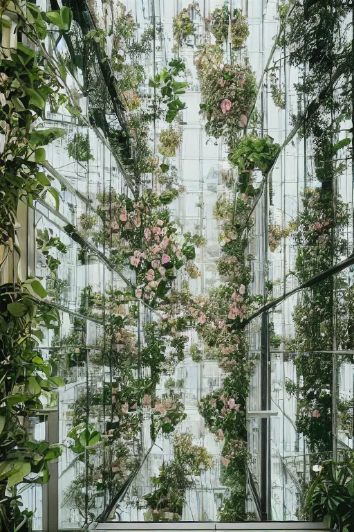 Image similar to Medium Format Portrait Photo of a modern architectural interior made of mirrors with many beautiful plants and flowers. award winning, highly detailed, depth of field, Cinestill 800t, wide shot, photo print.