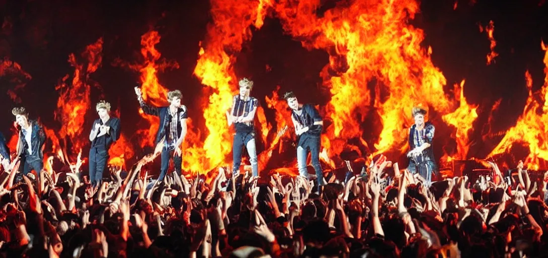 Prompt: onedirection having a concert in hell, close - up, dramatic, detailed, photorealistic