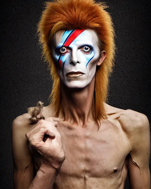 Image similar to actor David Bowie in Elaborate Pan Satyr Goat Man Makeup and prosthetics designed by Rick Baker, Hyperreal, Head Shots Photographed in the Style of Annie Leibovitz, Studio Lighting