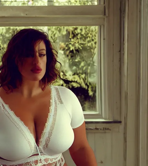 Prompt: a pov shot, color cinema film still of ashley graham wearing a white lace underwear in the great british bake off, cinematic.