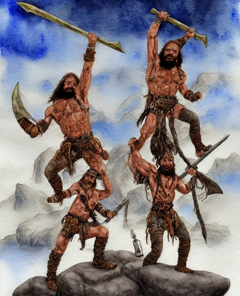 Image similar to randy savage with an anchor weapon slung over his shoulder and foot heroically on a boulder posing in desolate wasteland | fantasy watercolour painting | middle earth | conan | darksun | d & d dungeons and dragons | barbarian