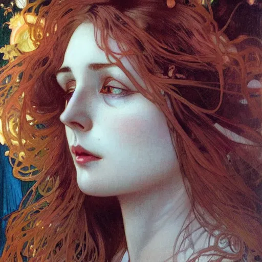 Prompt: realistic detailed head and shoulders profile portrait of Mia Kirschner by Alphonse Mucha, Ayami Kojima, Amano, Charlie Bowater, Karol Bak, Greg Hildebrandt, Jean Delville, and Mark Brooks, Art Nouveau, Neo-Gothic, gothic, elegant masterpiece portrait of Mia Kischner, rich deep moody colors