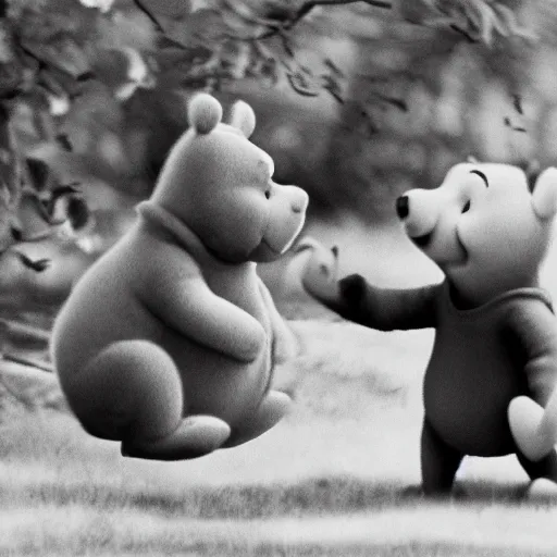 Prompt: found footage of winnie the pooh, creepy, black and white