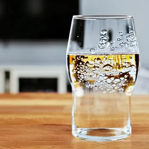 Prompt: transparent glass filled with water on a table with TV turned on in the background, detailed picture