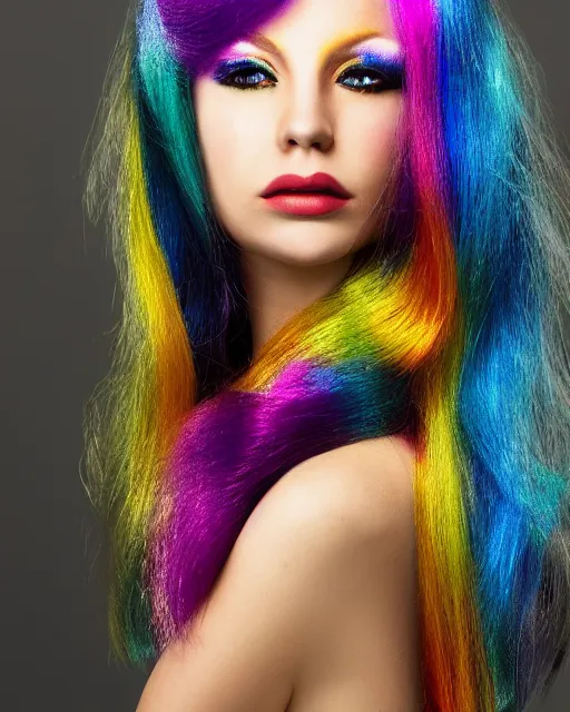 Image similar to a woman with long metallic multicolored hair, photo portrait