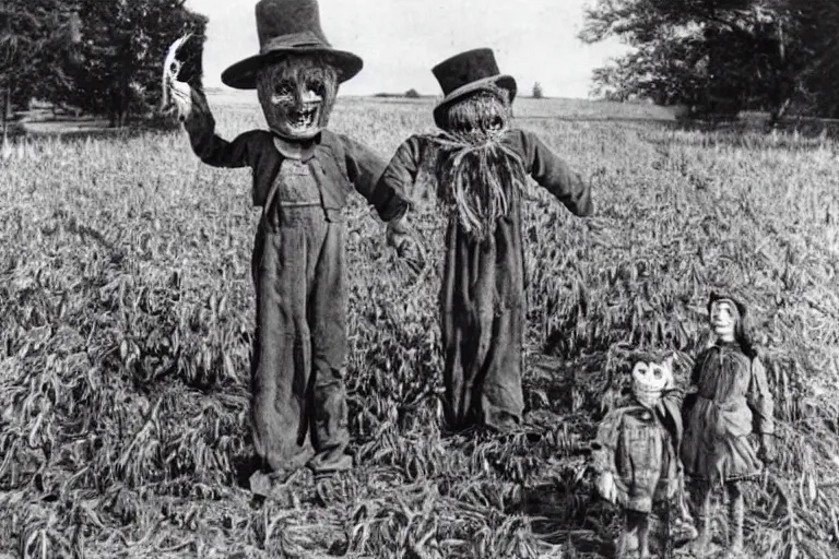 Image similar to disturbing scarecrow from the early 1 9 0 0's leading innocent children into the cornfields