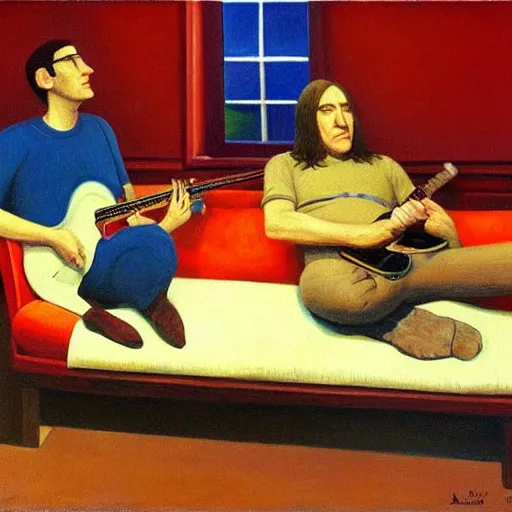 Image similar to rush, geddy lee, alex lifeson, neil peart, grant wood, pj crook, edward hopper, oil on canvas