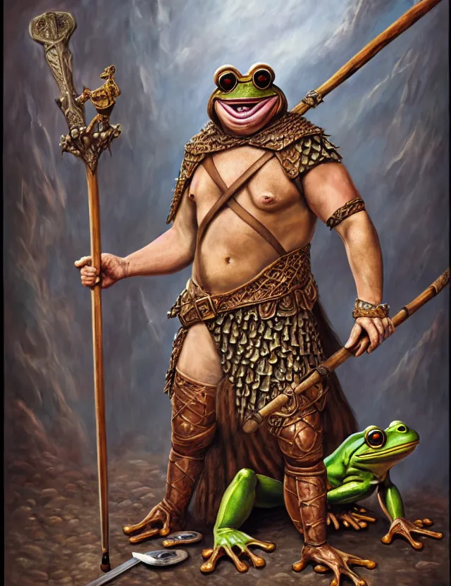 Image similar to anthropomorphic bipedal frog that is dressed as a medieval barbarian, and holding a giant club, as a matte oil painting, d & d character reveal, by alex grey, standing, fullbody, tattoos, piercings, knickknacks, mystic, concept art, award - winning, extremely detailed, sharp focus