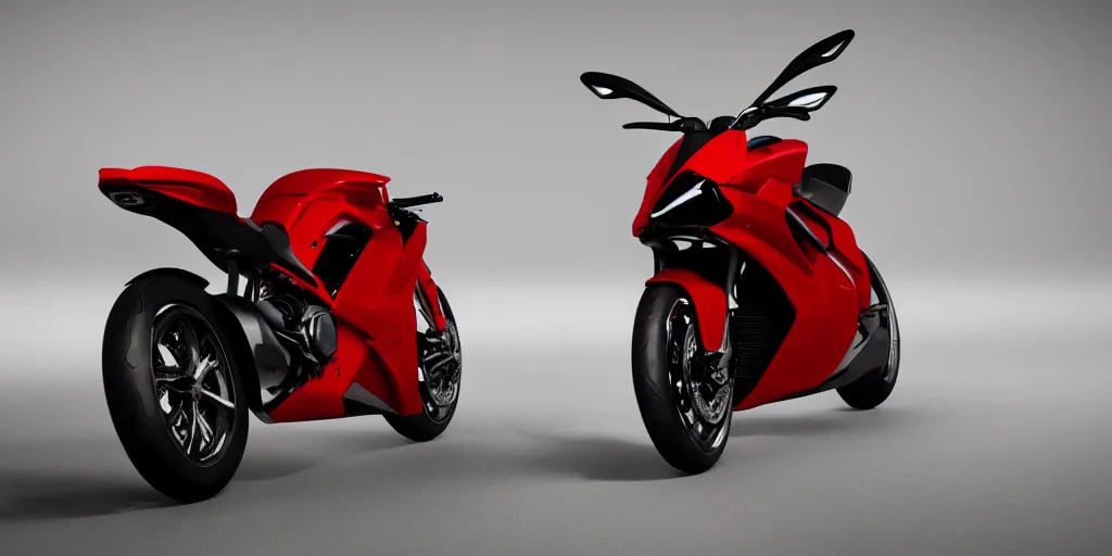 Image similar to a design of a futuristic ducati, designed by pininfarina, northern lights background, brushed red bike paint, black rims, dark show room, dramatic lighting, hyper realistic render, depth of field