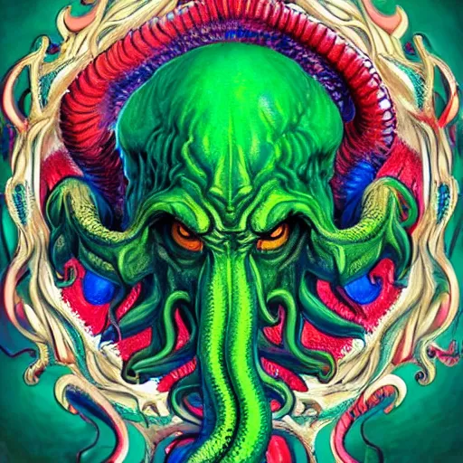 Image similar to 4 k colored headshot of godlike cthulhu with defined arms and open hands and bloody clothes with giant mandala wings, intricate face, flawless anime cel animation by kentaro miura, psychedelic, highly detailed upper body, professionally post - processed, beautiful, scary, symmetry accurate features, epic, octane rendered, anime masterpiece, accurate