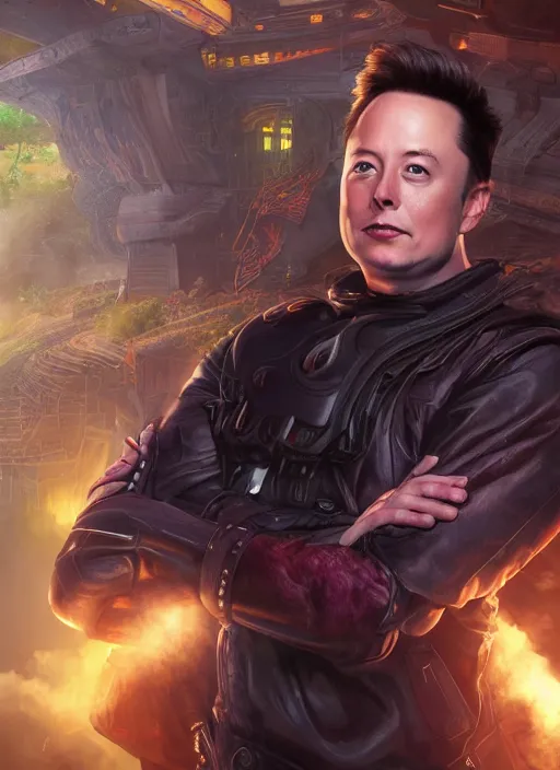 Prompt: ( ( ( hyperrealist cg an epic fantasy comic book style portrait painting of a elon musk ) ) ) by ed binkley and matt stewart, fantasy, photorealistic, octane render, vibrant colors, unreal engine, dynamic lighting, perfect factions, very detailed faces, trending on artstation, poster, volumetric lighting, 4 k, award winning