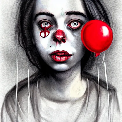 Prompt: surrealism grunge cartoon portrait sketch of billie eilish raven with a wide smile and a red balloon by - michael karcz, loony toons style, pennywise style, horror theme, detailed, elegant, intricate