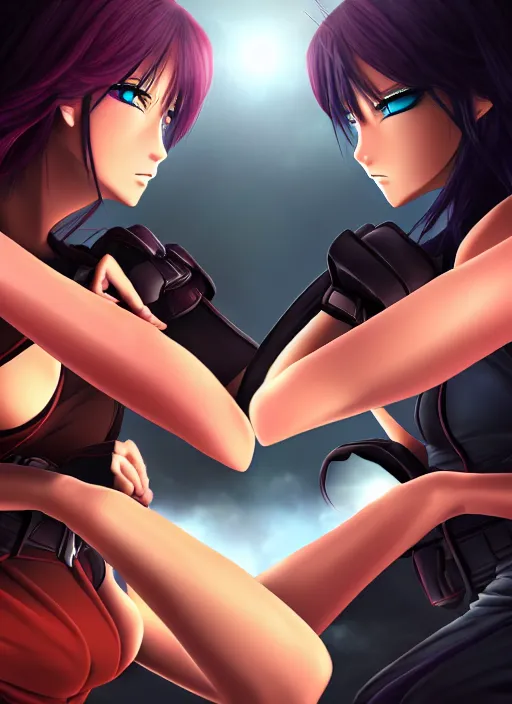 Image similar to two beautiful identical female fighters facing each other, dim lighting, gorgeous features, high resolution, detailed digital anime art