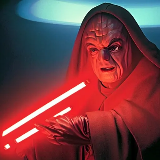 Image similar to mr. bean as darth sidious in star wars, film still, cinematic lighting, highly detailed