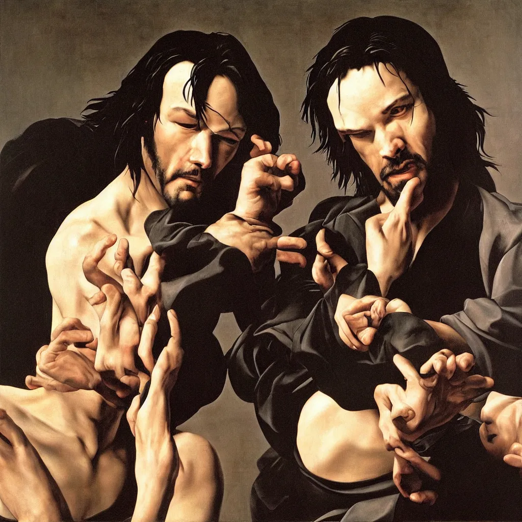 Prompt: A Caravaggio painting of Keanu Reeves in The Matrix