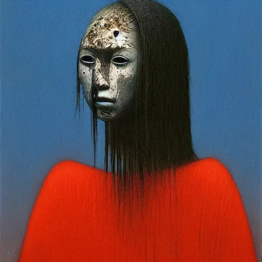 Image similar to young teen female with crow head , painting by Beksinski