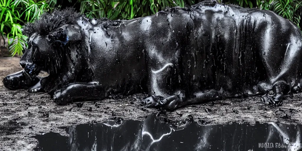 Prompt: the black lioness made of ferrofluid, bating in the drinking basin in the zoo exhibit, viscous, sticky, full of black goo, covered with black goo, splattered black goo, dripping black goo, dripping goo, splattered goo, sticky black goo. photography, dslr, reflections, black goo, zoo, exhibit