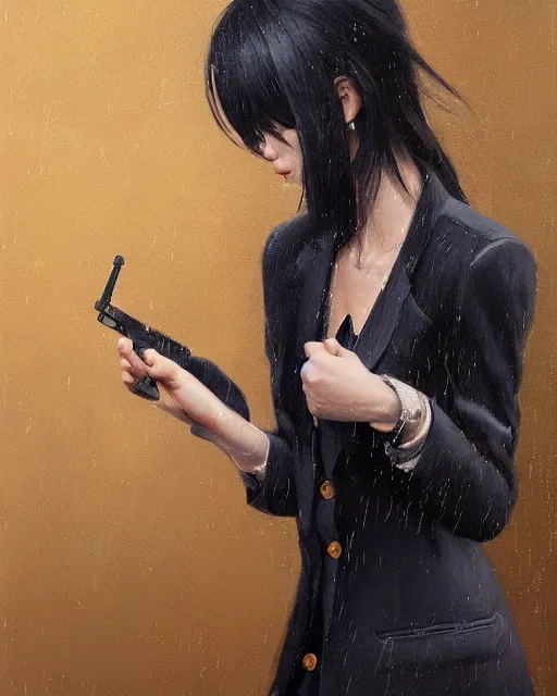 Image similar to A ultradetailed beautiful portrait panting of a stylish girl standing in the rain, she is holding a handgun ,side view, Oil painting, by Ilya Kuvshinov, Greg Rutkowski and Makoto Shinkai