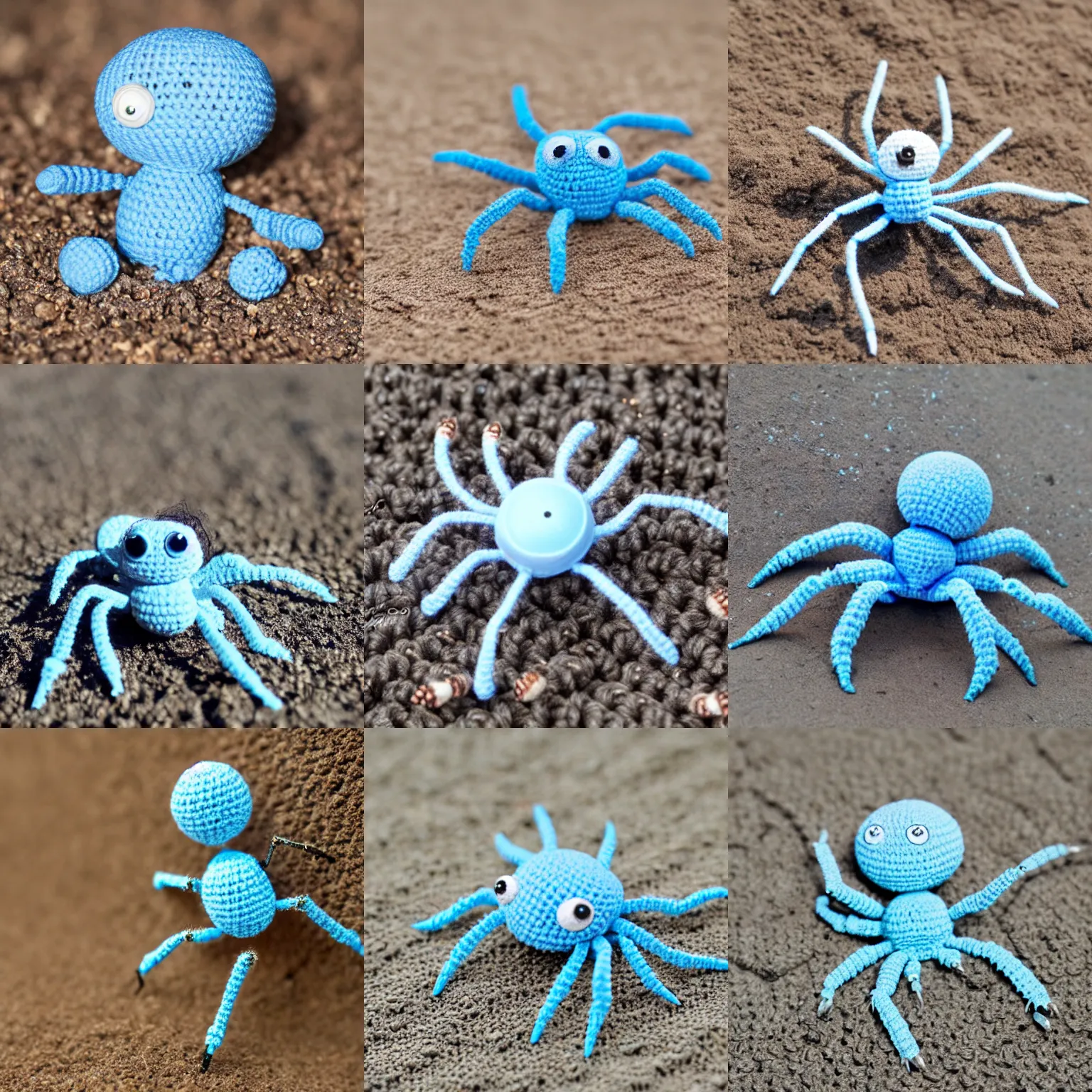 Prompt: cute tiny fluffy light blue color spider with short arms and big black button eyes crochet doll standing on sand, hyperrealistic photograph, highly detailed, tactile, 8k, close up, macro