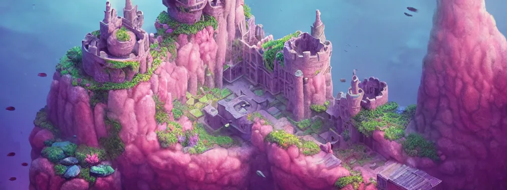 Image similar to stone castle in a coral reef by charlie bowater and anna dittmann and artgerm and clemens ascher, intricate, elegant, pink and blue and green mist, highly detailed, dramatic lighting, sharp focus, octane render, trending on artstation, artstationhd, artstationhq, unreal engine, 4 k, 8 k