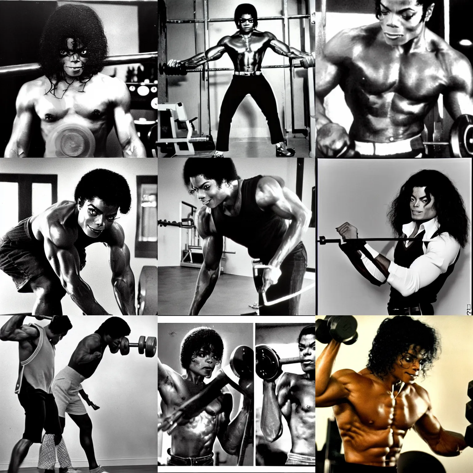 Prompt: close up mid shot!! real photograph, very muscular michael jackson pumping iron, photograph, color vintage