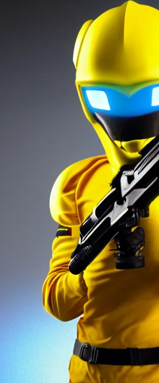 Prompt: Soft yellow-suited usurper alien soldier with soft-yellow motocross helmet with blue glowing visor, holding an alien soft yellow energy rifle.