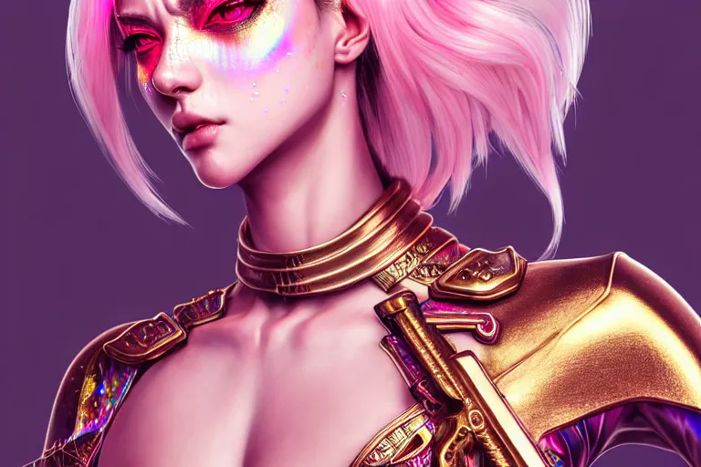 Image similar to hyperdetailed portrait of a stunningly beautiful german girl androgynous guard made of iridescent metals, shiny pink gems, inspired by ross tran and wlop and masamune shirow and kuvshinov, concept art, intricate, photorealistic, octane render, rtx, hdr, unreal engine, dnd digital art by artgerm